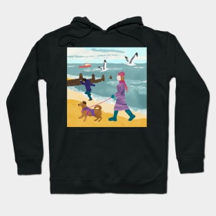 Paper cut collage of lady walking dog on Whitstable beach in the winter Hoodie